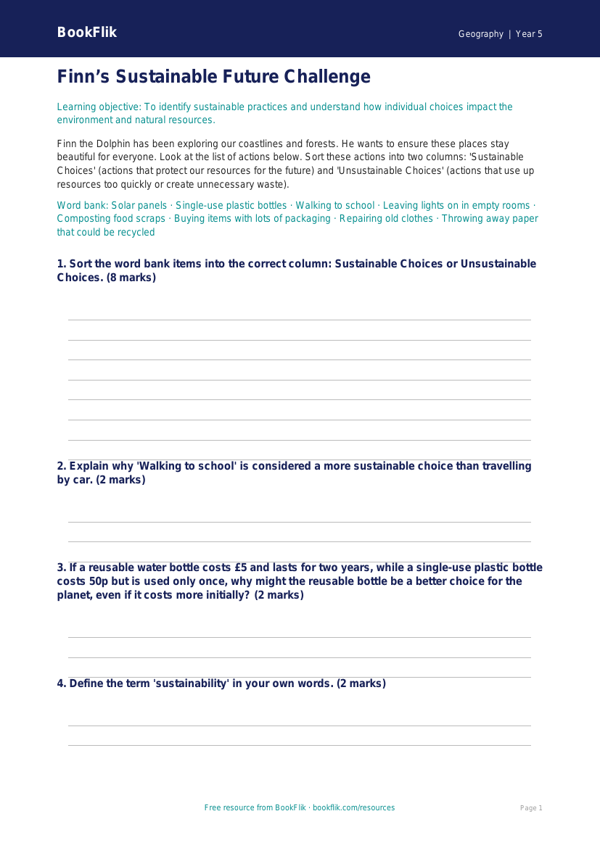 Free Sustainability Activity Sheet | Class 5 | Geography | BookFlik worksheet preview — Geography Sustainability