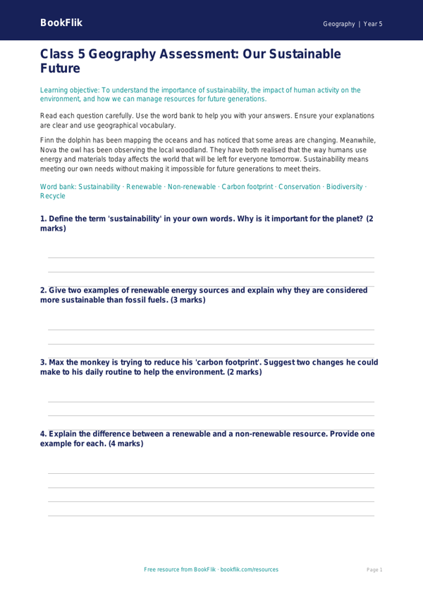 Sustainability Assessment | Class 5 Geography | CBSE Worksheet worksheet preview — Geography Sustainability