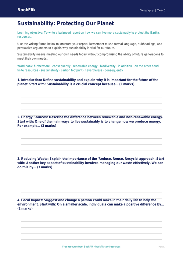 Free Sustainability Writing Frame | Class 5 | Geography | BookFlik worksheet preview — Geography Sustainability