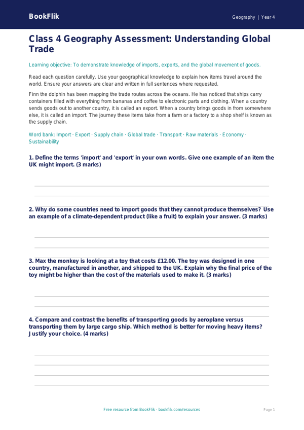 Trade and Commerce Assessment | Class 4 Geography | BookFlik worksheet preview — Geography Trade