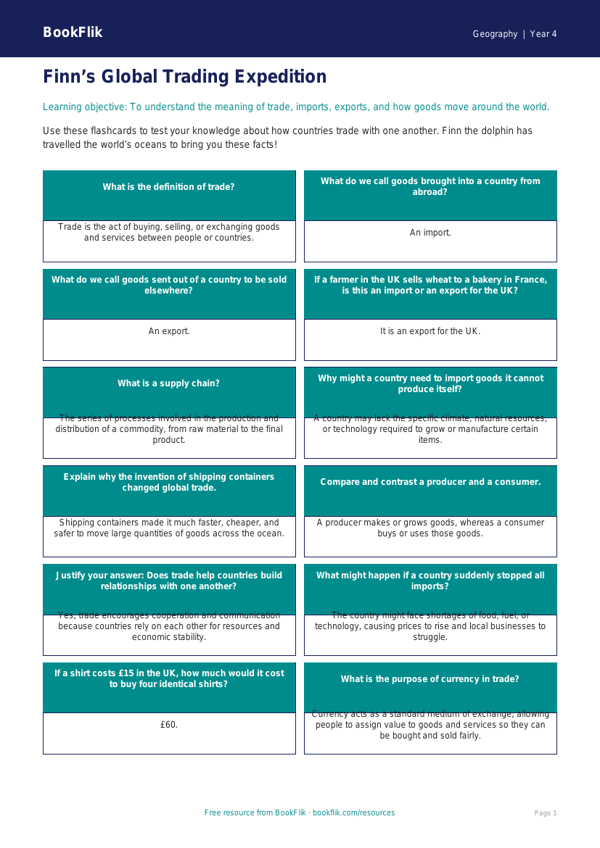 Trade Flashcards for Class 4 Geography | CBSE Learning | BookFlik worksheet preview — Geography Trade