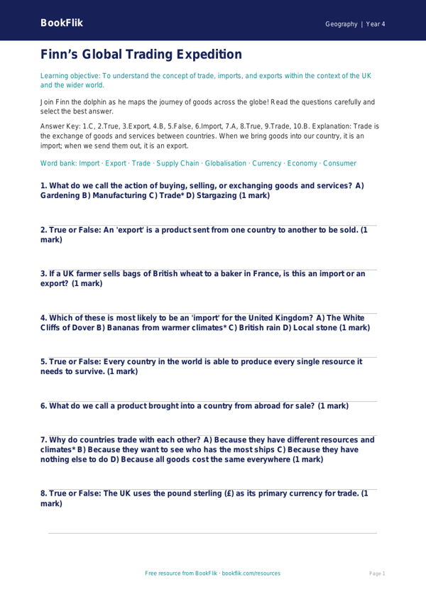 Trade and Commerce Quiz | Class 4 Geography | BookFlik worksheet preview — Geography Trade