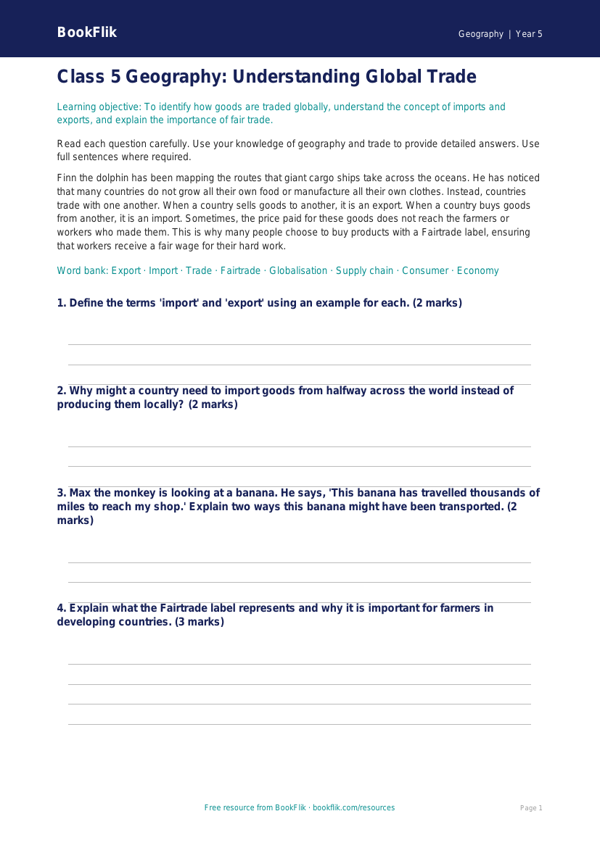Trade Assessment for Class 5 | Geography Worksheet | BookFlik worksheet preview — Geography Trade