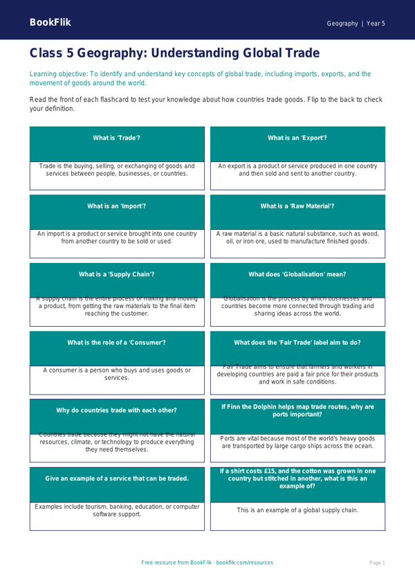 Trade Flashcards for Class 5 | Geography | CBSE NCERT | BookFlik worksheet preview — Geography Trade