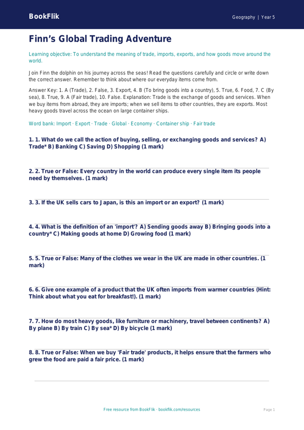 Trade Quiz for Class 5 | Geography CBSE | BookFlik worksheet preview — Geography Trade