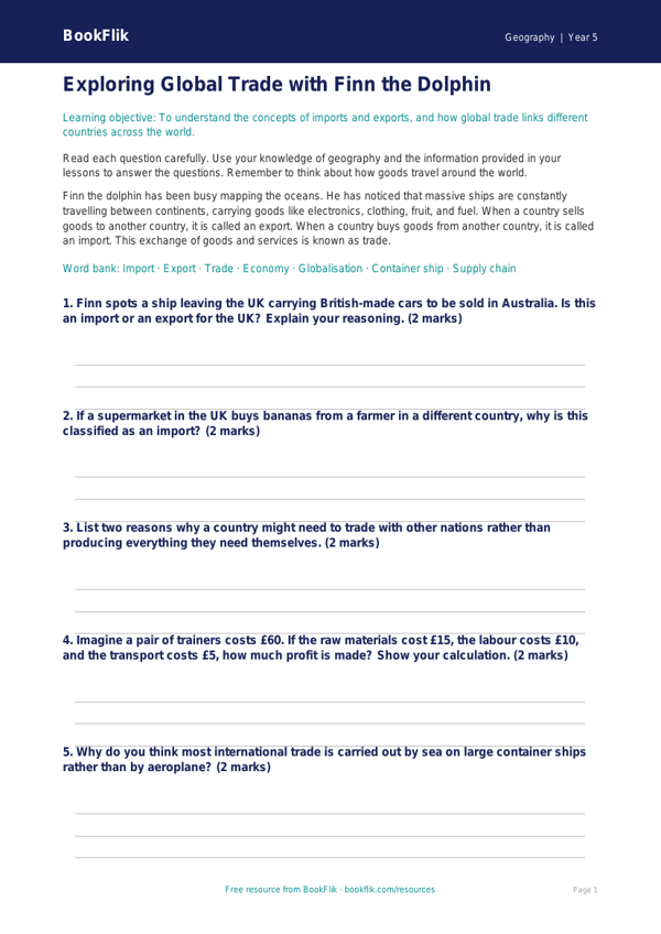 Trade Worksheet for Class 5 | Geography CBSE | BookFlik worksheet preview — Geography Trade