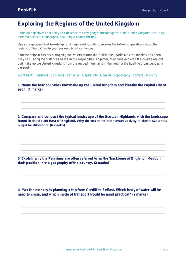 UK Regions Worksheet for Class 4 | Geography | CBSE Curriculum worksheet preview — Geography Uk Regions