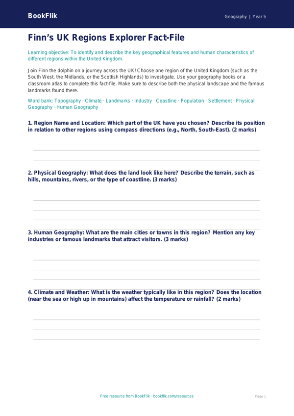 UK Regions Worksheet for Class 5 | Geography CBSE | BookFlik worksheet preview — Geography Uk Regions