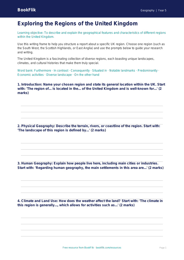 UK Regions Geography Worksheet | Class 5 CBSE | BookFlik worksheet preview — Geography Uk Regions