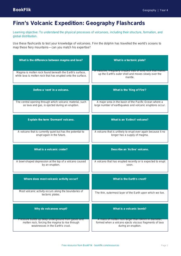 Free Volcanoes Flashcards | Class 4 | Geography | BookFlik worksheet preview — Geography Volcanoes