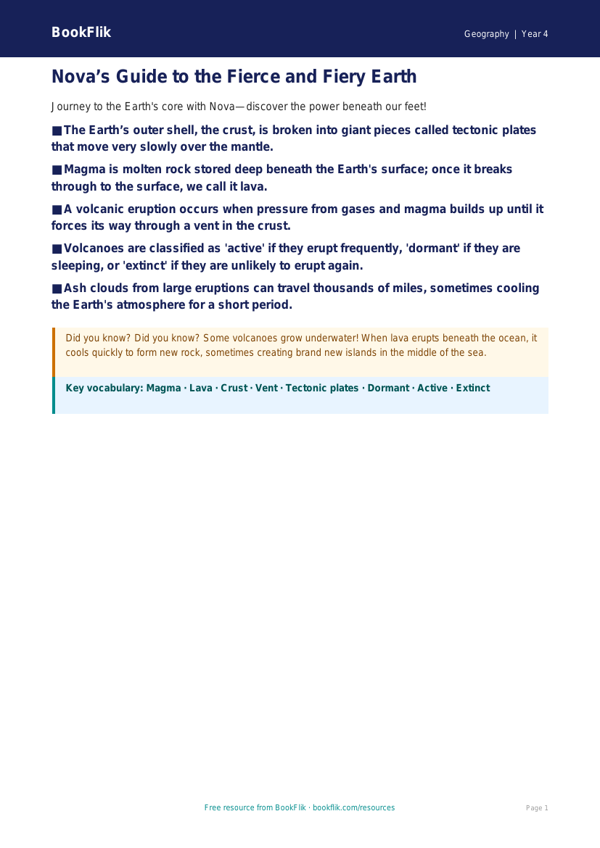 Free Volcanoes Poster | Class 4 | Geography | BookFlik worksheet preview — Geography Volcanoes