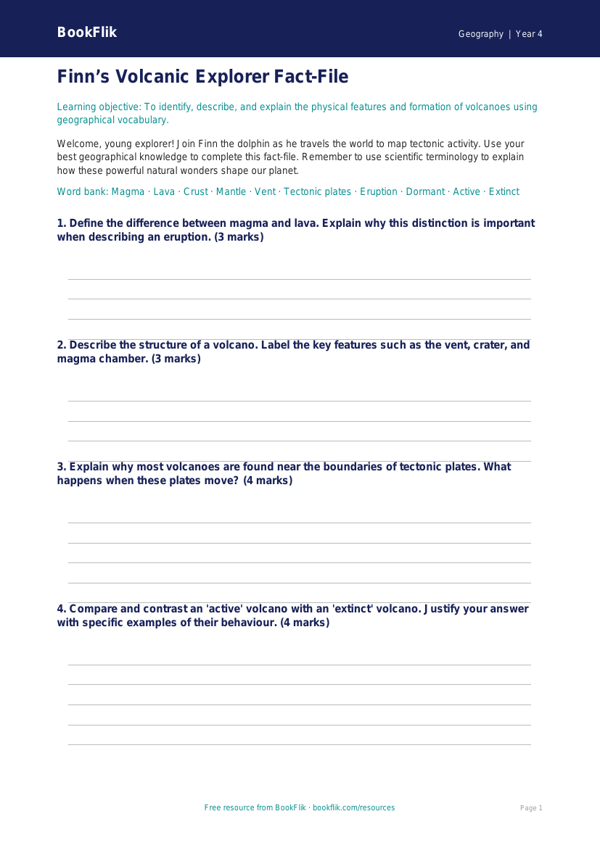 Free Volcanoes Template | Class 4 | Geography | BookFlik worksheet preview — Geography Volcanoes