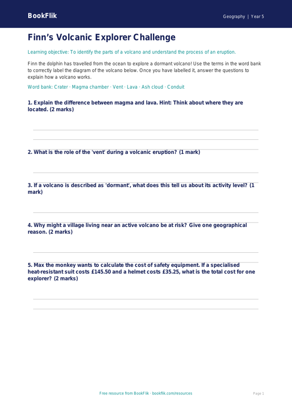 Free Volcanoes Activity Sheet | Class 5 | Geography | BookFlik worksheet preview — Geography Volcanoes