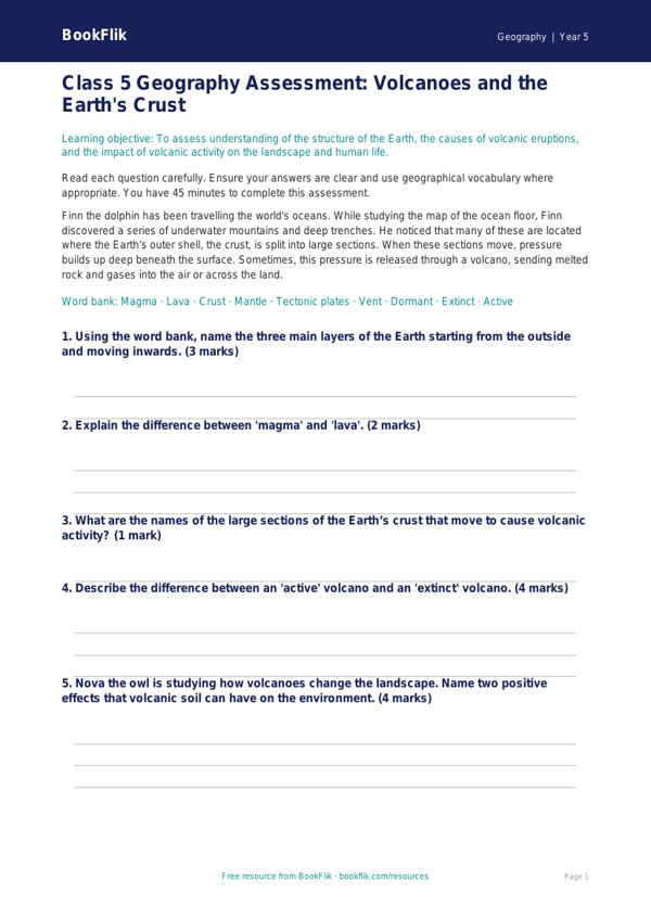 Free Volcanoes Assessment | Class 5 | Geography | BookFlik worksheet preview — Geography Volcanoes