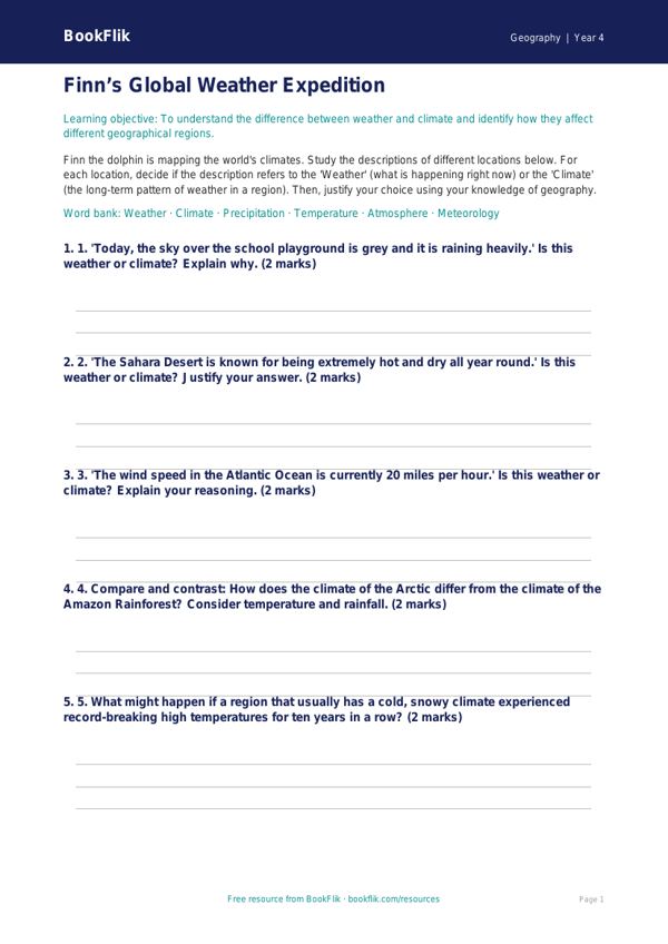 Free Weather And Climate Activity Sheet | Class 4 | Geography | BookFlik worksheet preview — Geography Weather And Climate
