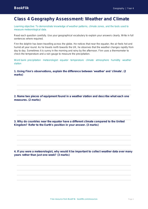 Free Weather And Climate Assessment | Class 4 | Geography | BookFlik worksheet preview — Geography Weather And Climate