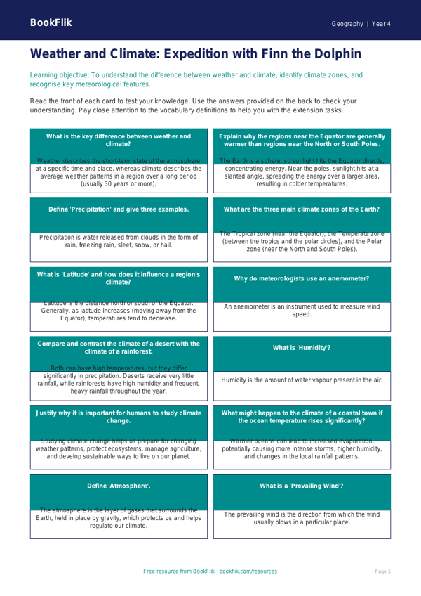 Free Weather And Climate Flashcards | Class 4 | Geography | BookFlik worksheet preview — Geography Weather And Climate