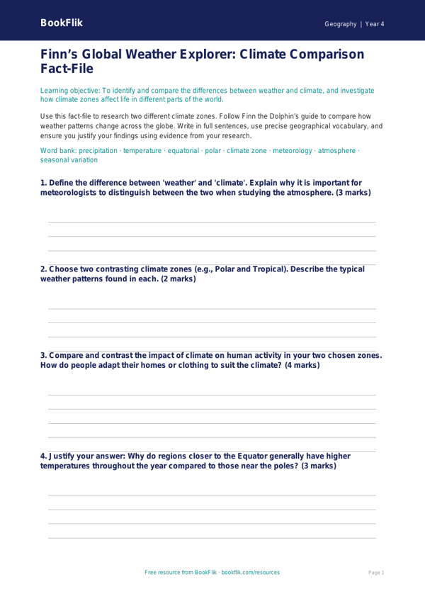 Free Weather And Climate Template | Class 4 | Geography | BookFlik worksheet preview — Geography Weather And Climate