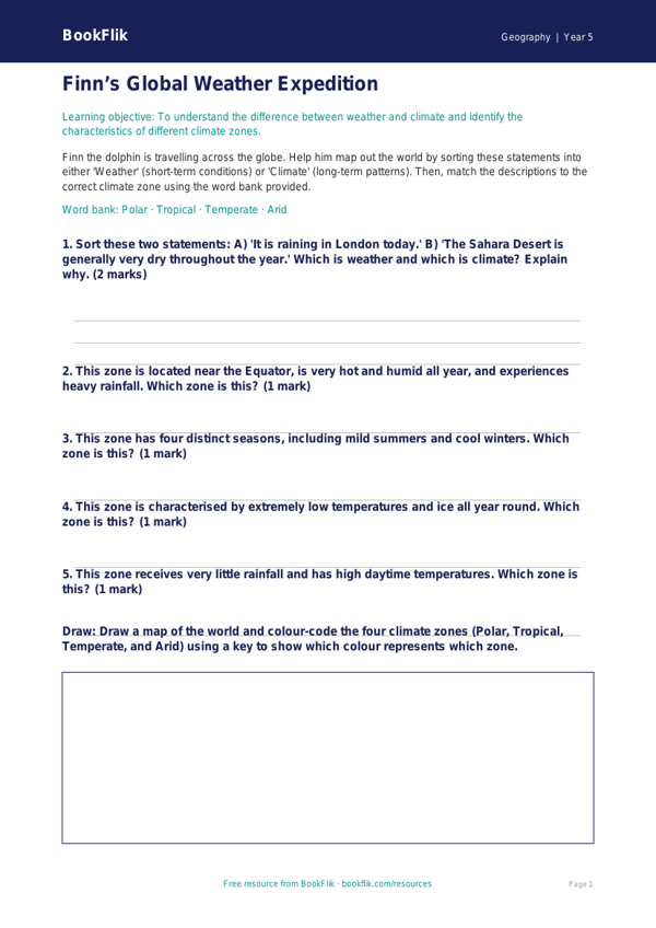 Free Weather And Climate Activity Sheet | Class 5 | Geography | BookFlik worksheet preview — Geography Weather And Climate