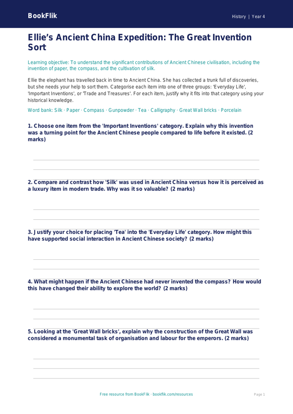 Free Ancient China Activity Sheet | Class 4 | Social Studies / History | BookFlik worksheet preview — History Ancient China