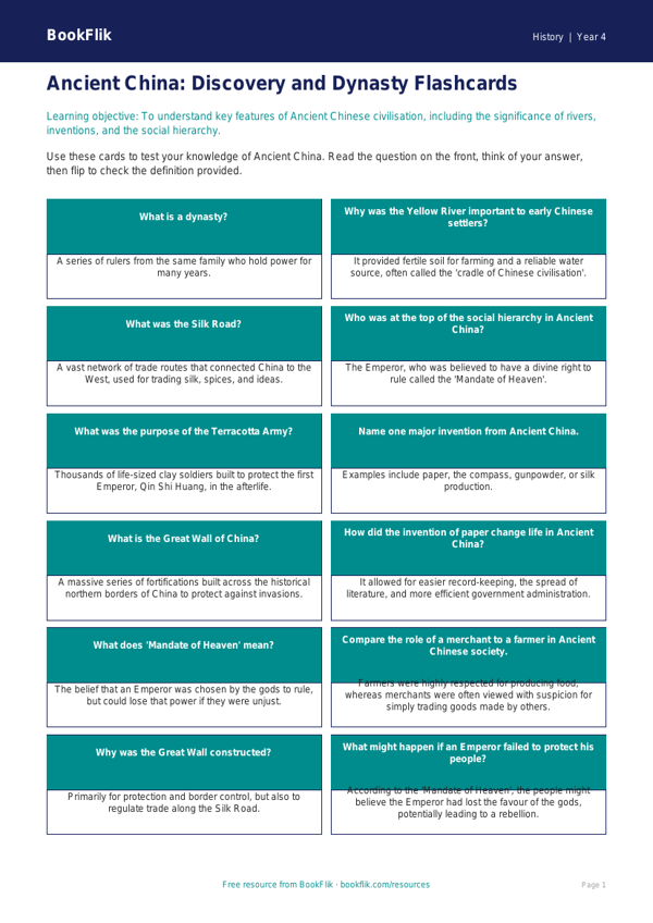 Free Ancient China Flashcards | Class 4 | Social Studies / History | BookFlik worksheet preview — History Ancient China