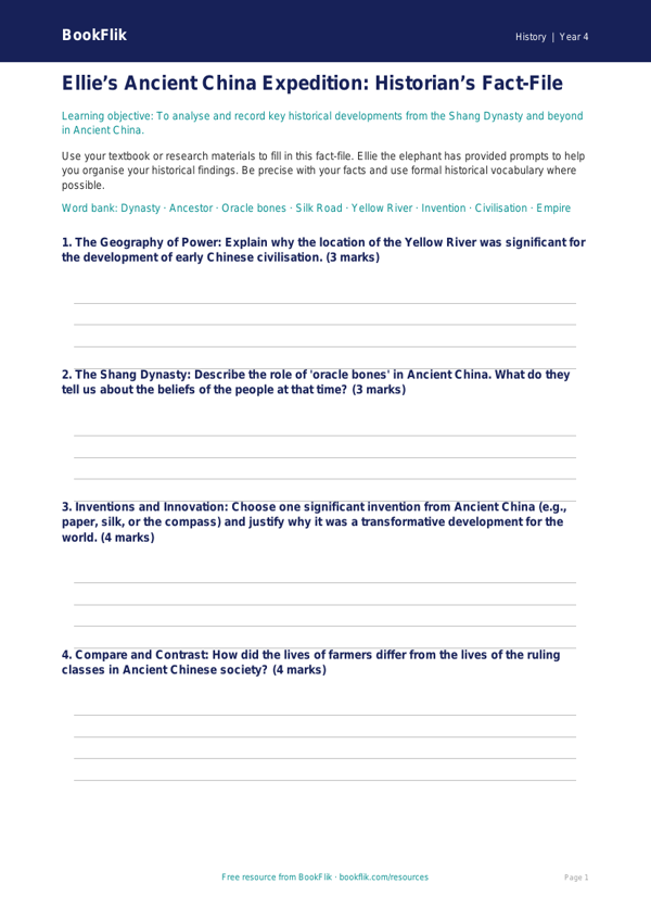 Free Ancient China Template | Class 4 | Social Studies / History | BookFlik worksheet preview — History Ancient China