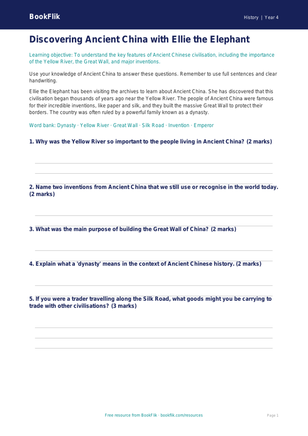 Social Studies / History ancient china worksheet class 4 core worksheet preview — History Ancient China