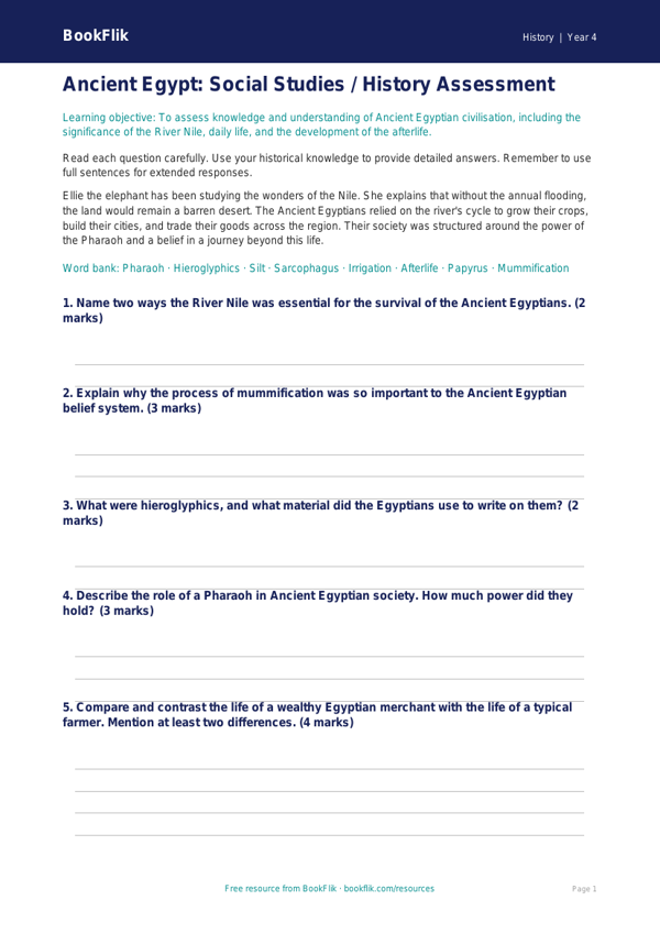 Free Ancient Egypt Assessment | Class 4 | Social Studies / History | BookFlik worksheet preview — History Ancient Egypt
