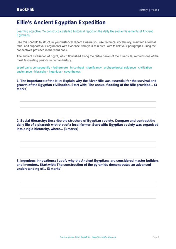 Free Ancient Egypt Writing Frame | Class 4 | Social Studies / History | BookFlik worksheet preview — History Ancient Egypt