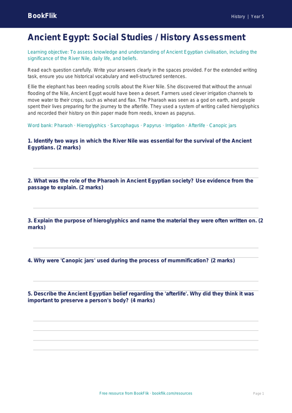 Free Ancient Egypt Assessment | Class 5 | Social Studies / History | BookFlik worksheet preview — History Ancient Egypt
