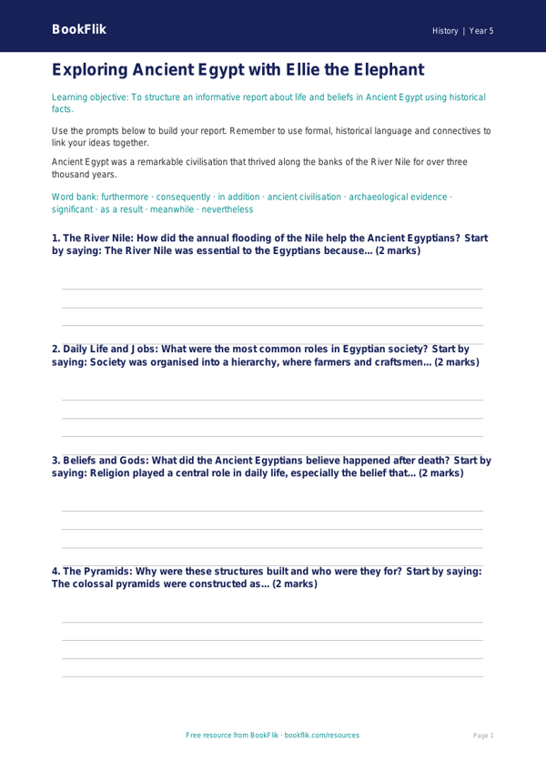 Free Ancient Egypt Writing Frame | Class 5 | Social Studies / History | BookFlik worksheet preview — History Ancient Egypt