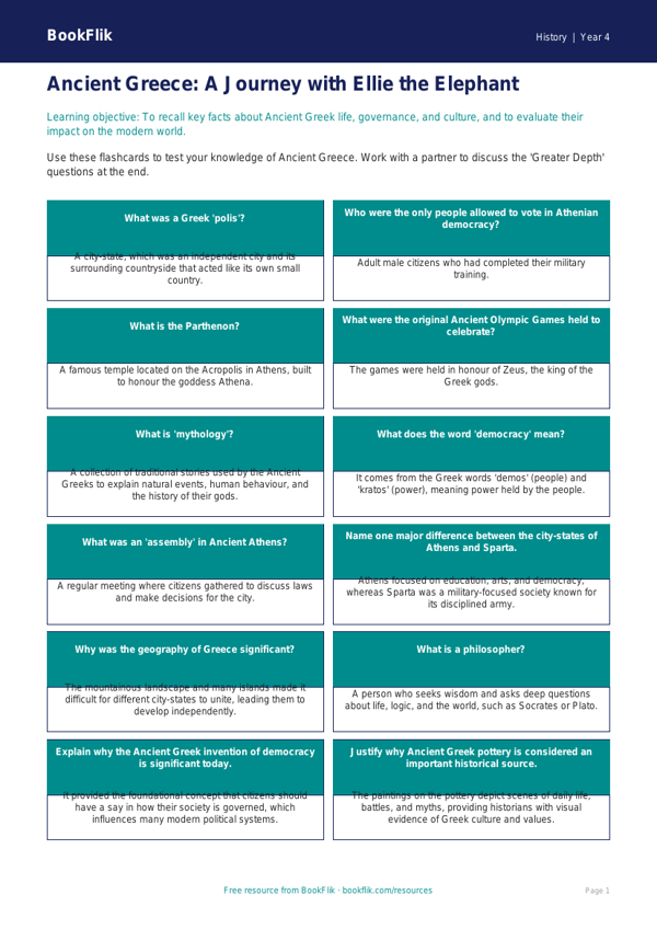 Free Ancient Greece Flashcards | Class 4 | Social Studies / History | BookFlik worksheet preview — History Ancient Greece