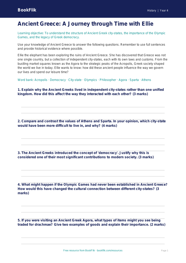 Free Ancient Greece Worksheet | Class 4 | Social Studies / History | BookFlik worksheet preview — History Ancient Greece