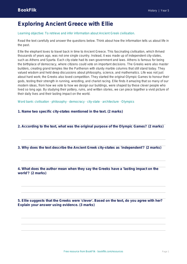 Free Ancient Greece Comprehension | Class 5 | Social Studies / History | BookFlik worksheet preview — History Ancient Greece