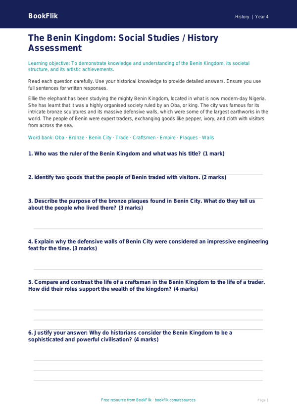 Free Benin Kingdom Assessment | Class 4 | Social Studies / History | BookFlik worksheet preview — History Benin Kingdom