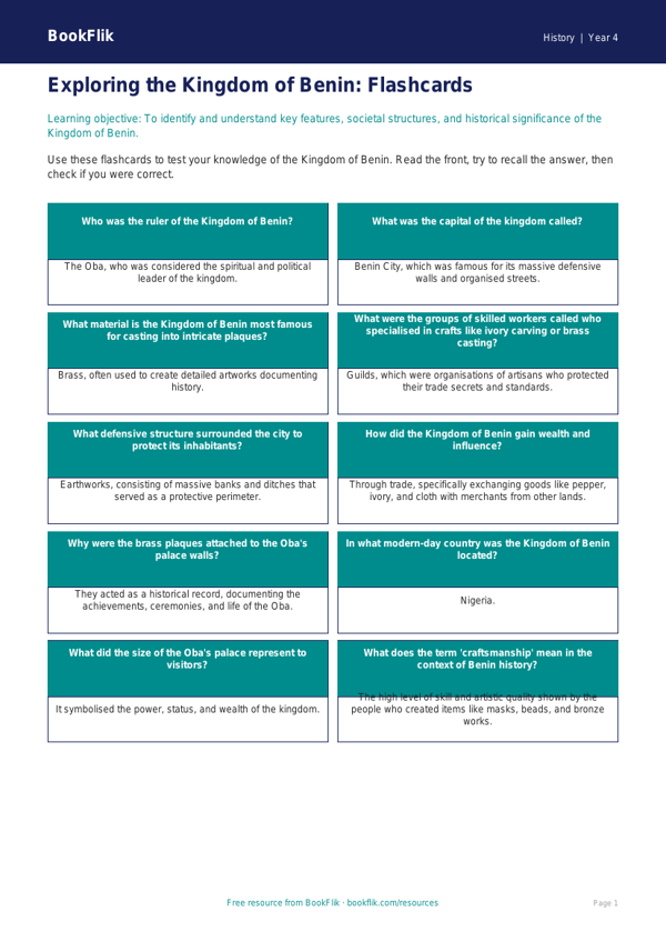Benin Kingdom History Flashcards for Class 4 | CBSE Social Studies worksheet preview — History Benin Kingdom