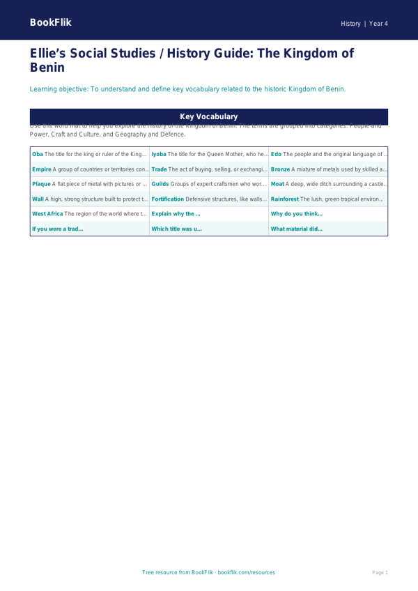 Free Benin Kingdom Word Mat | Class 4 | Social Studies / History | BookFlik worksheet preview — History Benin Kingdom