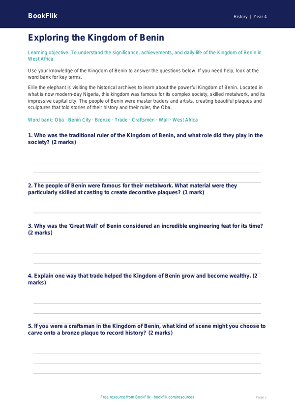 Social Studies / History benin kingdom worksheet class 4 core worksheet preview — History Benin Kingdom