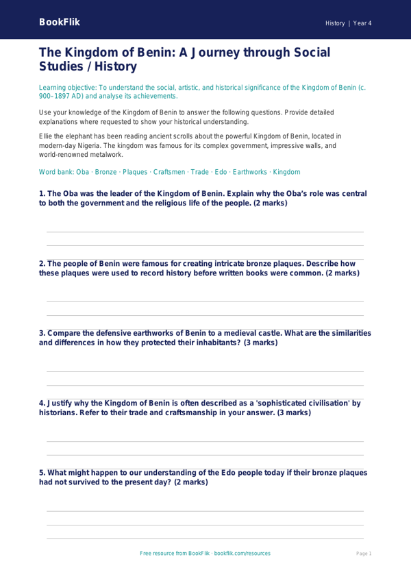 Free Benin Kingdom Worksheet | Class 4 | Social Studies / History | BookFlik worksheet preview — History Benin Kingdom