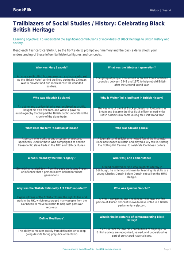 Black History Flashcards for Class 4 | CBSE Social Studies | BookFlik worksheet preview — History Black History