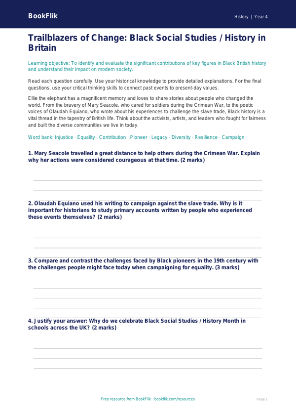 Social Studies / History black history worksheet class 4 greater depth worksheet preview — History Black History