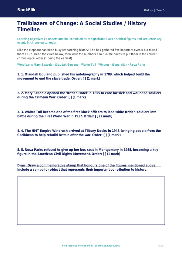Free Black History Activity Sheet | Class 5 | Social Studies / History | BookFlik worksheet preview — History Black History