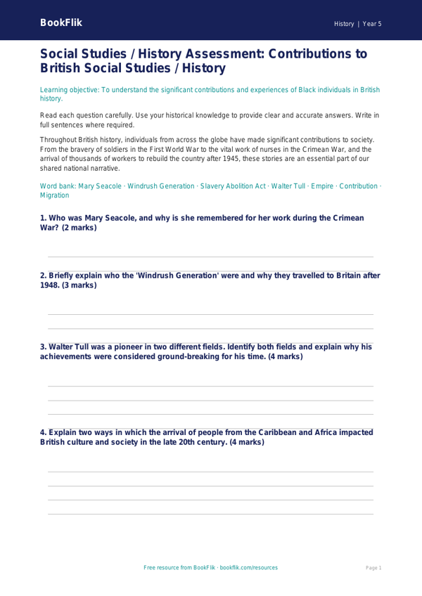 Free Black History Assessment | Class 5 | Social Studies / History | BookFlik worksheet preview — History Black History
