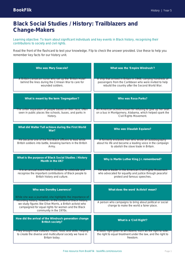 Black History Educational Resources for Class 5 | CBSE Social Studies worksheet preview — History Black History