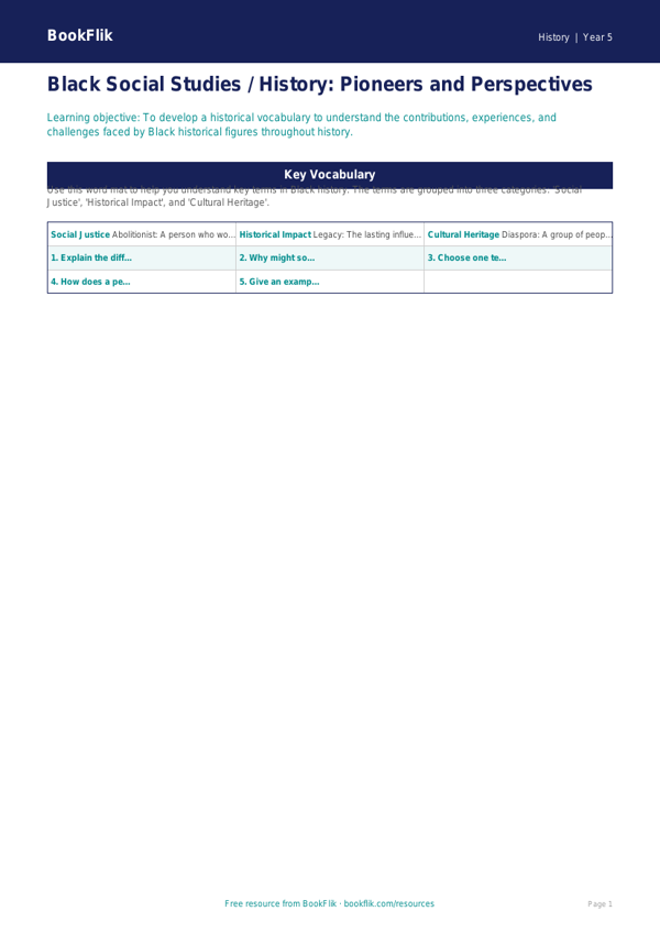 Black History Educational Resource for Class 5 | CBSE Social Studies worksheet preview — History Black History