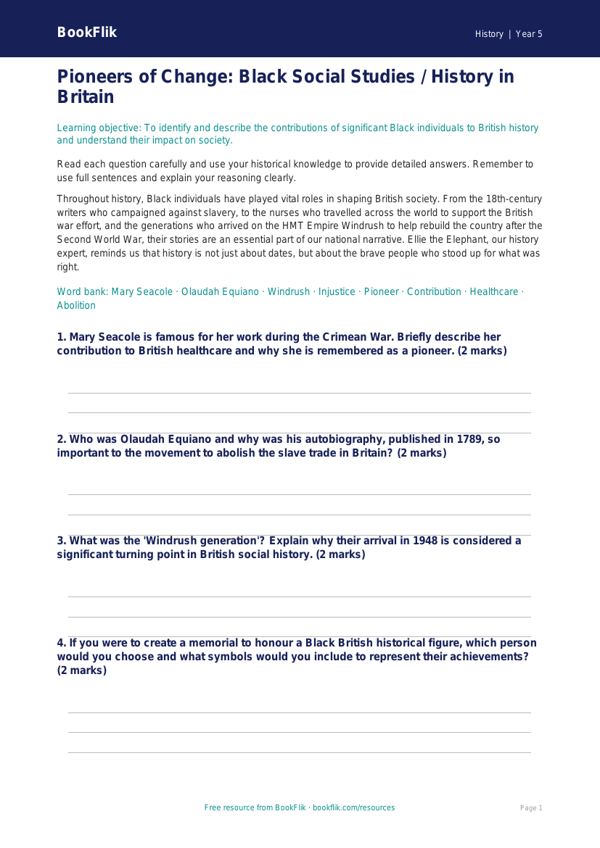 Free Black History Worksheet | Class 5 | Social Studies / History | BookFlik worksheet preview — History Black History