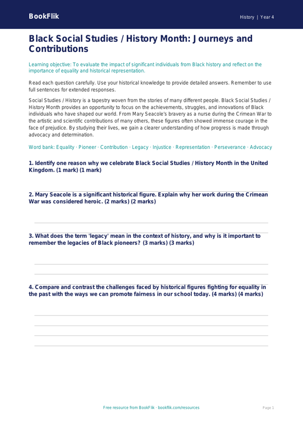 Free Black History Month Assessment | Class 4 | Social Studies / History | BookFlik worksheet preview — History Black History Month