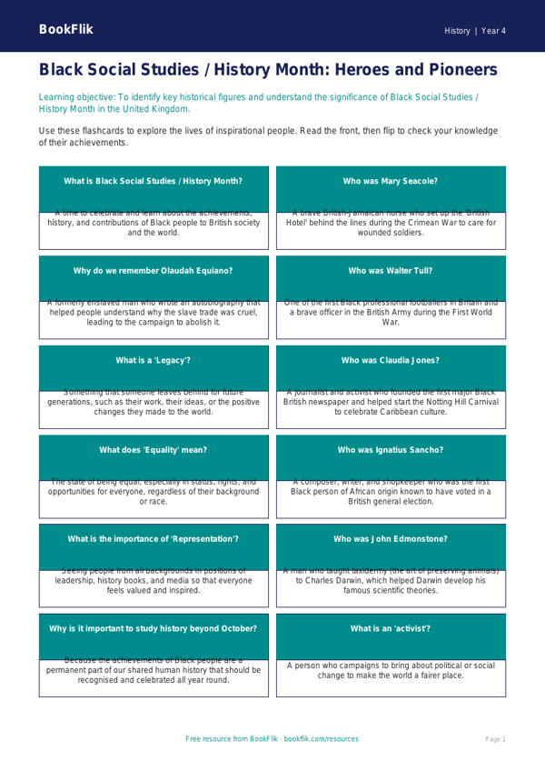 Social Studies / History black history month flashcards class 4 greater depth worksheet preview — History Black History Month