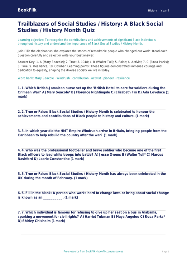 Black History Month Quiz for Class 4 | CBSE Social Studies | BookFlik worksheet preview — History Black History Month