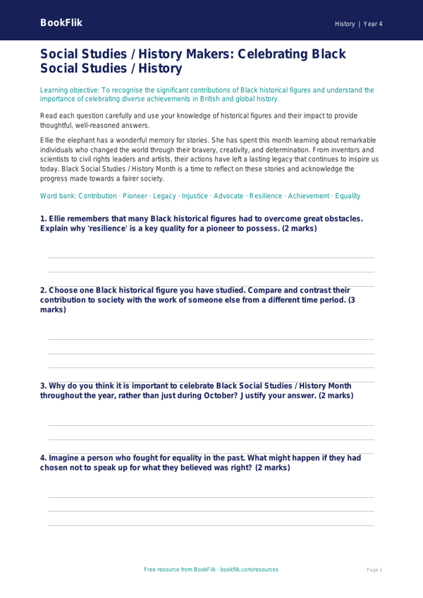 Black History Month Worksheet for Class 4 | CBSE Social Studies | BookFlik worksheet preview — History Black History Month